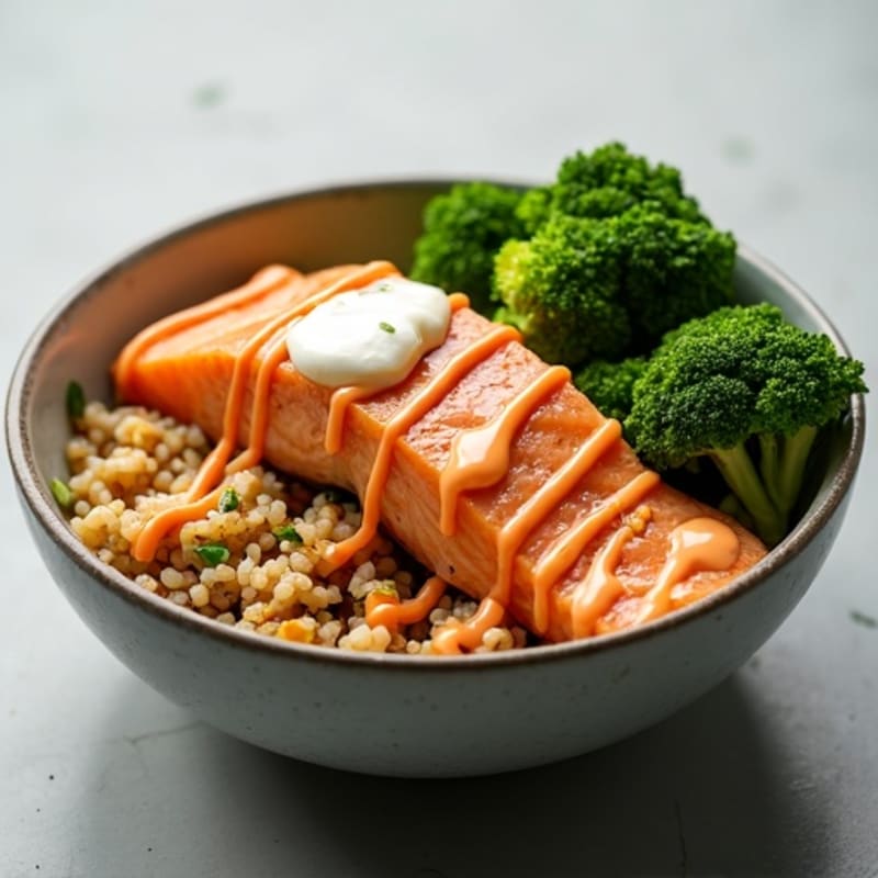 Sheet Pan Salmon Sushi Bowl with Roasted Broccoli and Creamy Sriracha Drizzle