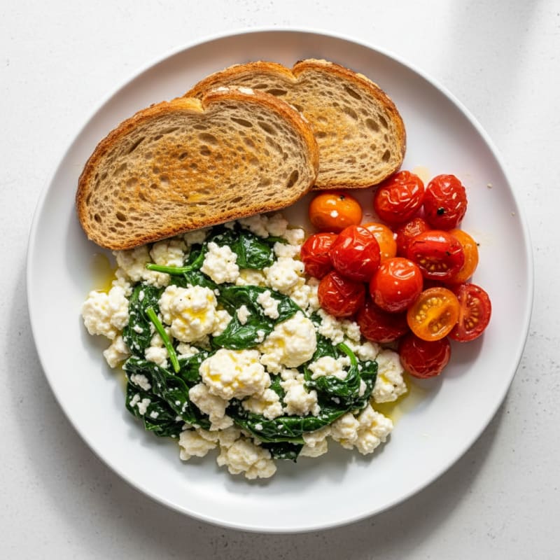 Cottage Cheese Egg White Scramble with Sautéed Spinach and Cherry Tomatoes