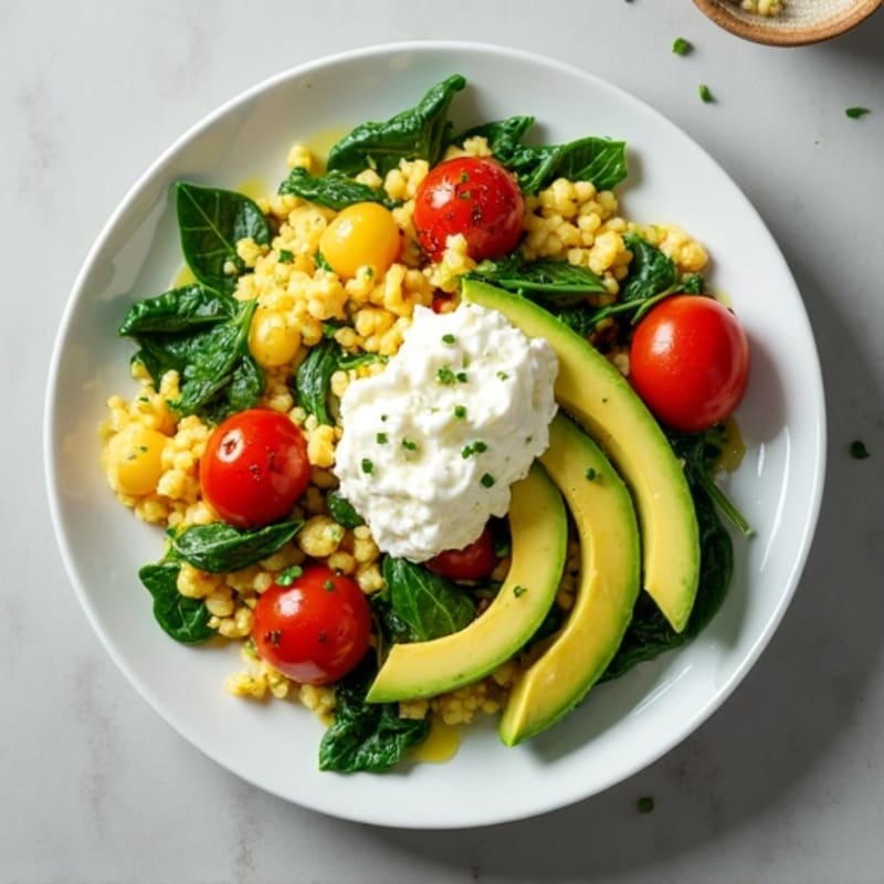 Egg White and Spinach Scramble with Cottage Cheese and Cherry Tomatoes