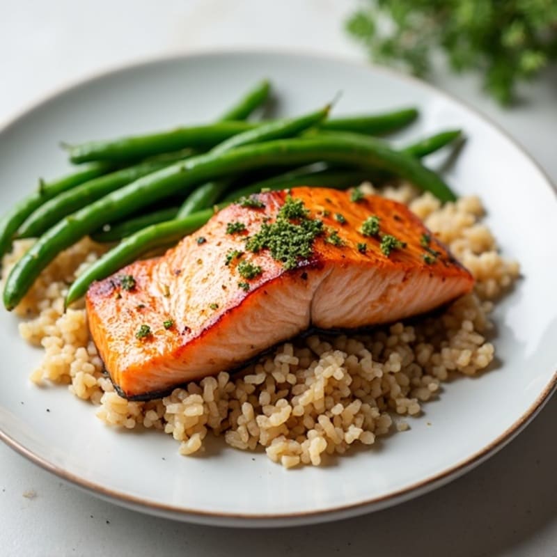 Seared Salmon with Garlic Green Beans and Brown Rice