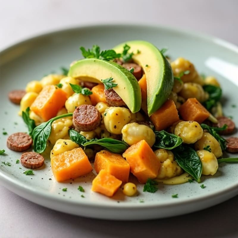 Egg White and Turkey Sausage Scramble with Spinach and Sweet Potato