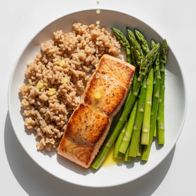 Seared Salmon with Steamed Asparagus and Brown Rice