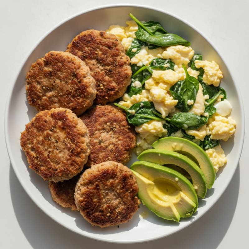 Hearty Breakfast Plate with Eggs and Sausage