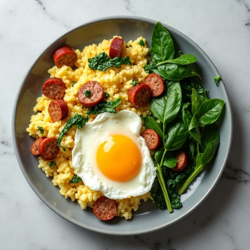 Cottage Cheese Egg Scramble with Turkey Sausage and Spinach