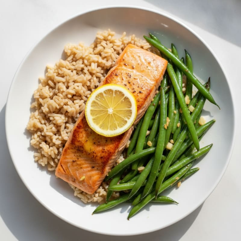 Seared Salmon Fillet with Garlic Green Beans and Brown Rice