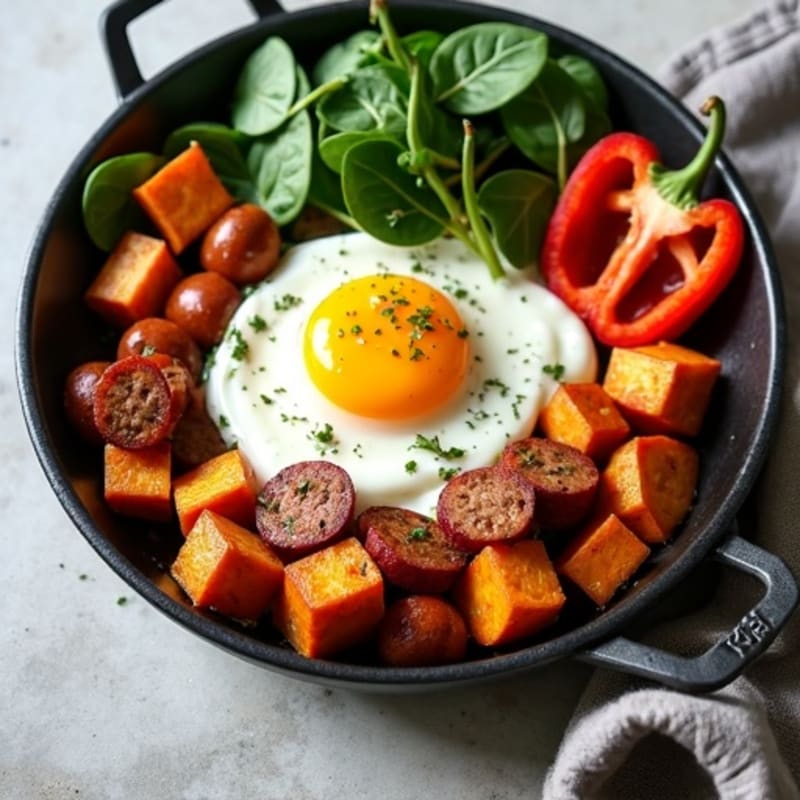 Crispy Sweet Potato and Lean Sausage Breakfast Skillet with Eggs and Greens