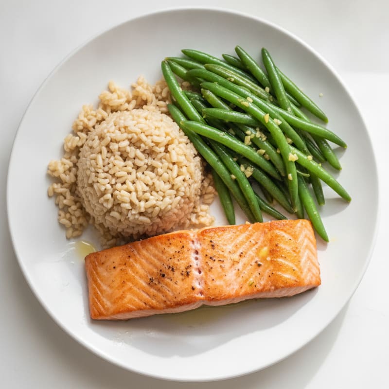 Seared Salmon with Garlic Green Beans and Steamed Brown Rice