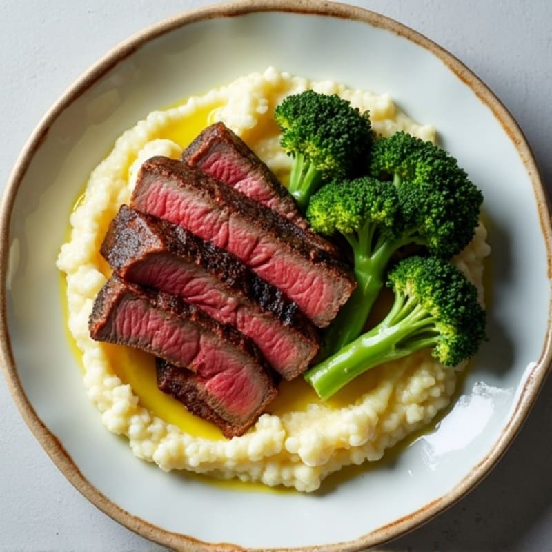 Seared Lean Beef Strips with Roasted Broccoli and Cauliflower Mash