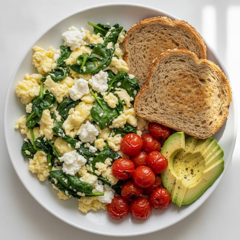Egg White and Spinach Scramble with Cottage Cheese and Cherry Tomatoes