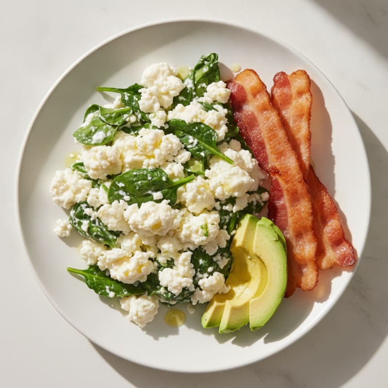 Egg White and Cottage Cheese Scramble with Spinach and Turkey Bacon