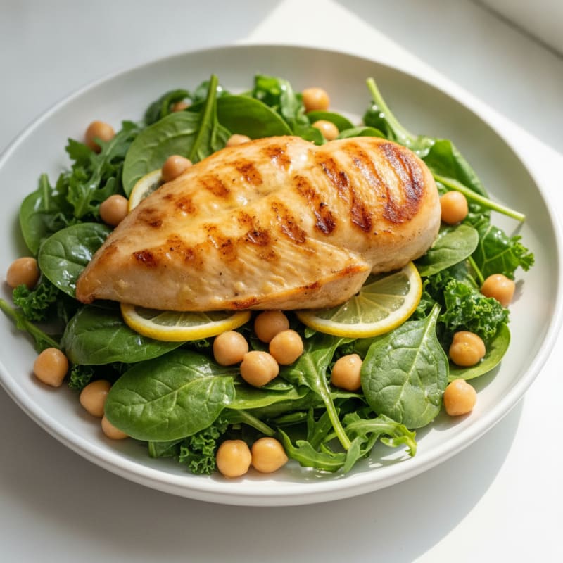 Grilled Lemon-Garlic Chicken Breast with Mixed Greens and Chickpeas