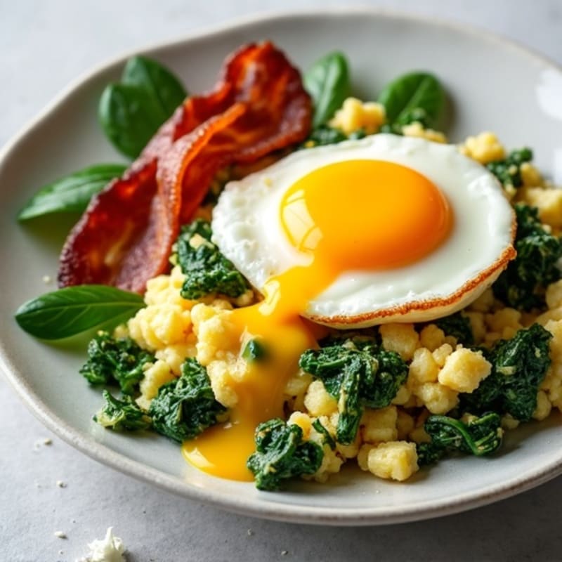 Cottage Cheese Egg Scramble with Sautéed Spinach and Turkey Bacon