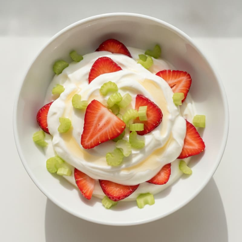 Protein Yogurt Parfait with Chopped Celery and Sliced Strawberries