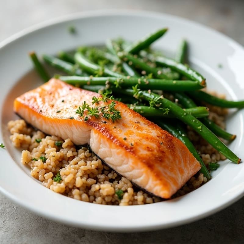 Seared Salmon Fillet with Garlic Green Beans and Brown Rice
