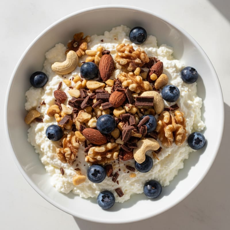 Greek Yogurt and Cottage Cheese Bowl with Mixed Nuts and Dark Chocolate