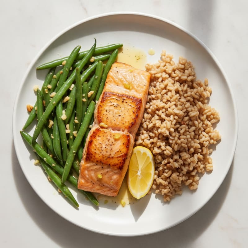 Seared Salmon with Garlic Green Beans and Brown Rice