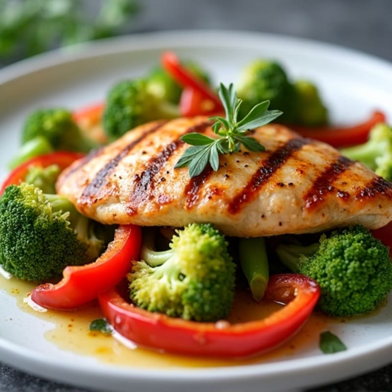 Grilled Chicken Breast with Roasted Broccoli and Bell Peppers