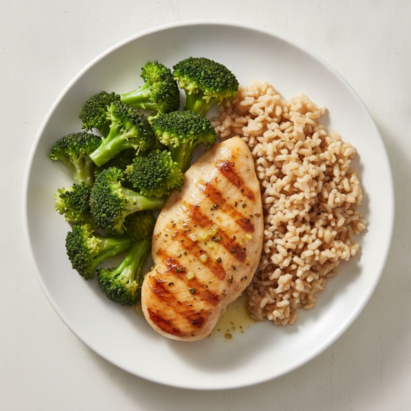 Grilled Chicken Breast with Steamed Broccoli and Brown Rice