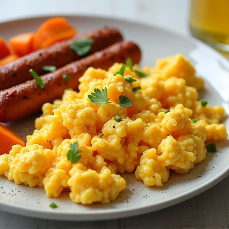 Fluffy Egg Scramble with Roasted Sweet Potato and Chicken Sausage