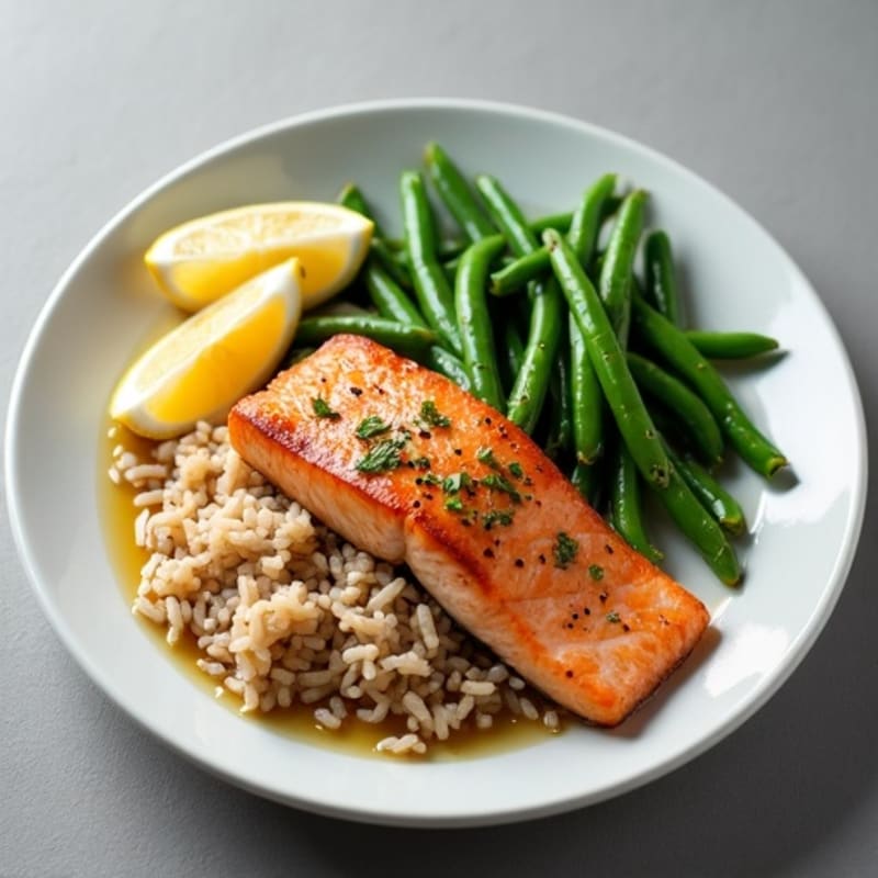 Seared Salmon with Garlic Green Beans and Brown Rice