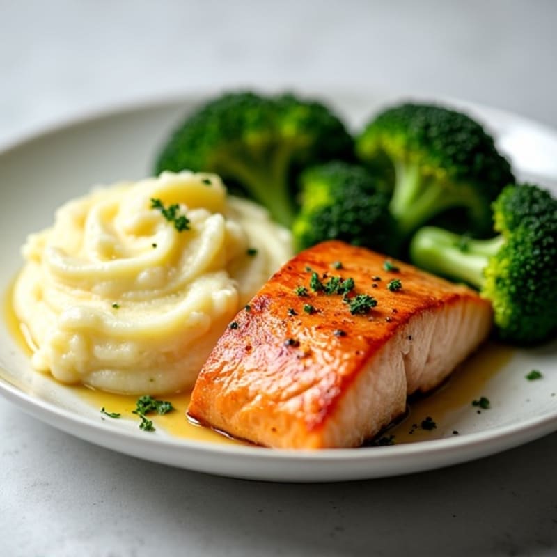 Seared Salmon with Steamed Broccoli and Garlic Mashed Potatoes