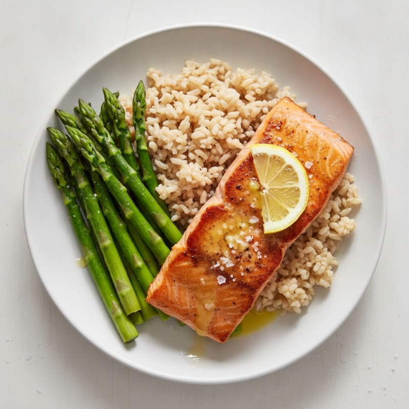 Seared Salmon with Steamed Asparagus and Brown Rice