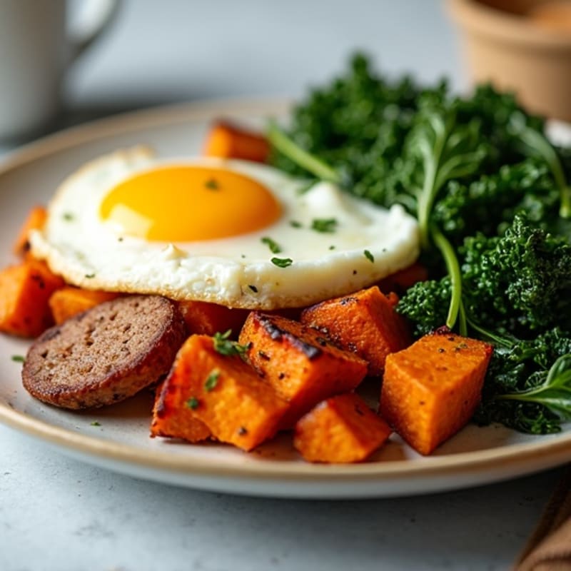Crispy Sweet Potato and Egg Hash with Sautéed Greens