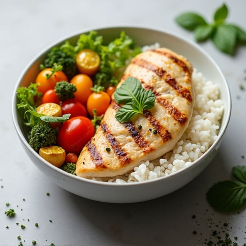 Grilled Chicken Rice Bowl with Roasted Vegetables and Herb Dressing