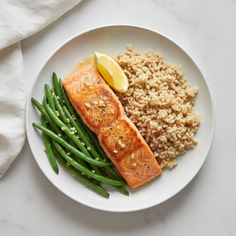 Seared Salmon with Garlic Green Beans and Brown Rice