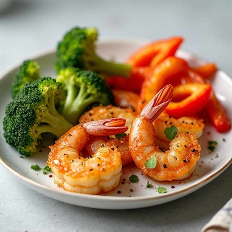Crispy Garlic Shrimp with Roasted Broccoli and Bell Peppers