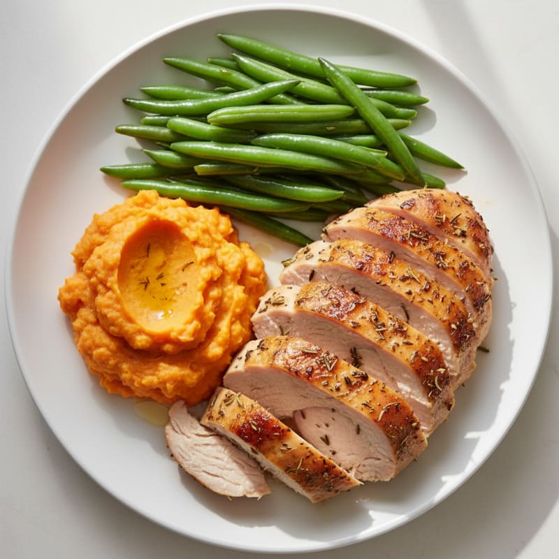 Herb-Roasted Turkey Breast with Steamed Green Beans and Sweet Potato