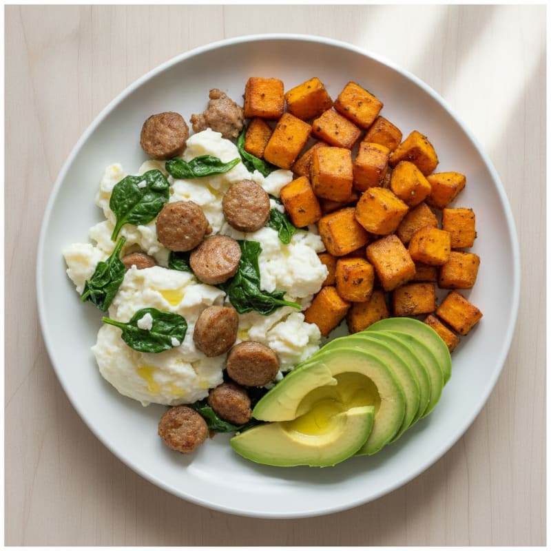 Scrambled Egg Whites with Turkey Sausage and Sautéed Spinach