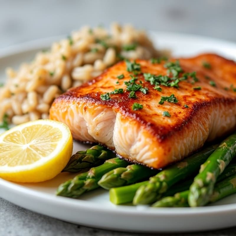 Seared Salmon with Steamed Asparagus and Brown Rice