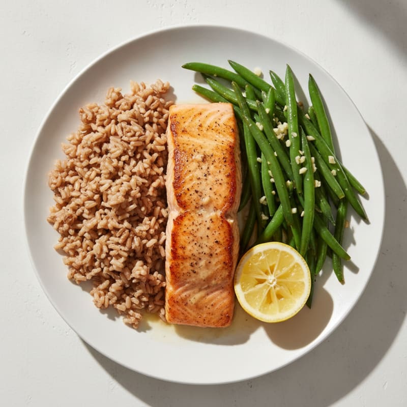 Seared Salmon with Garlic Green Beans and Brown Rice