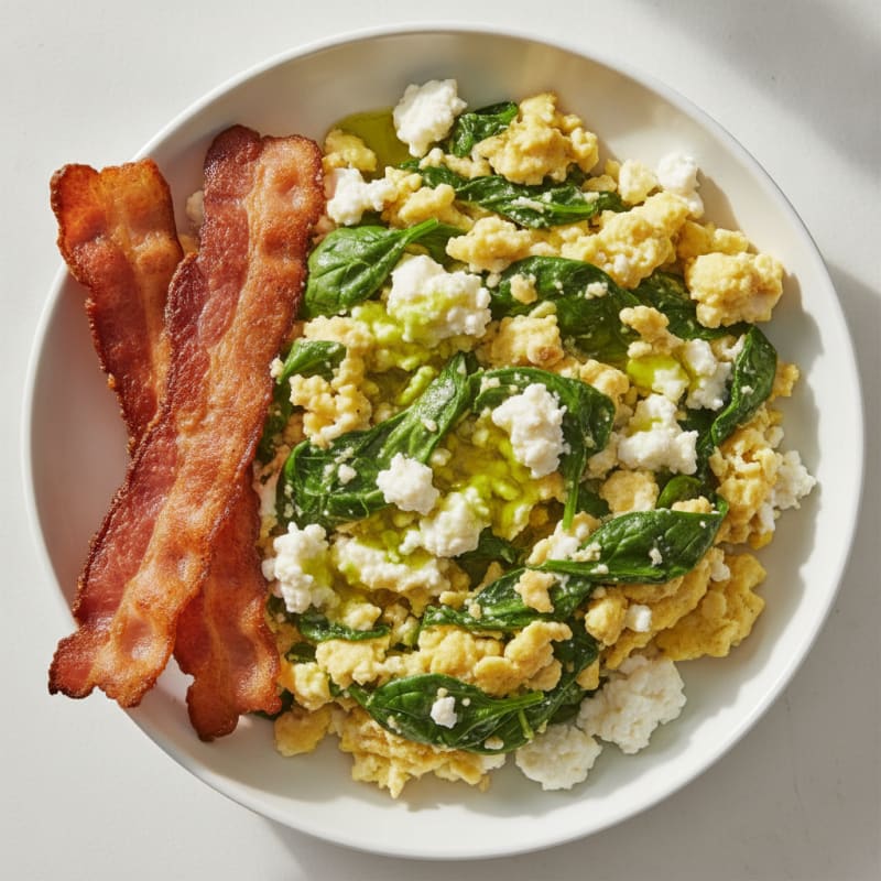 Cottage Cheese Egg Scramble with Spinach and Turkey Bacon
