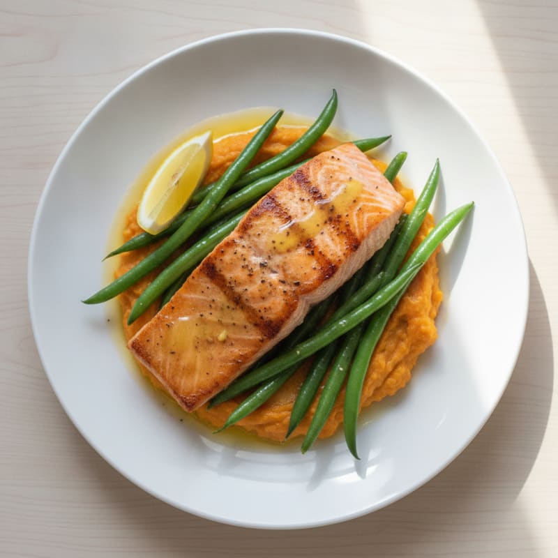 Seared Salmon Fillet with Steamed Green Beans and Sweet Potato Mash