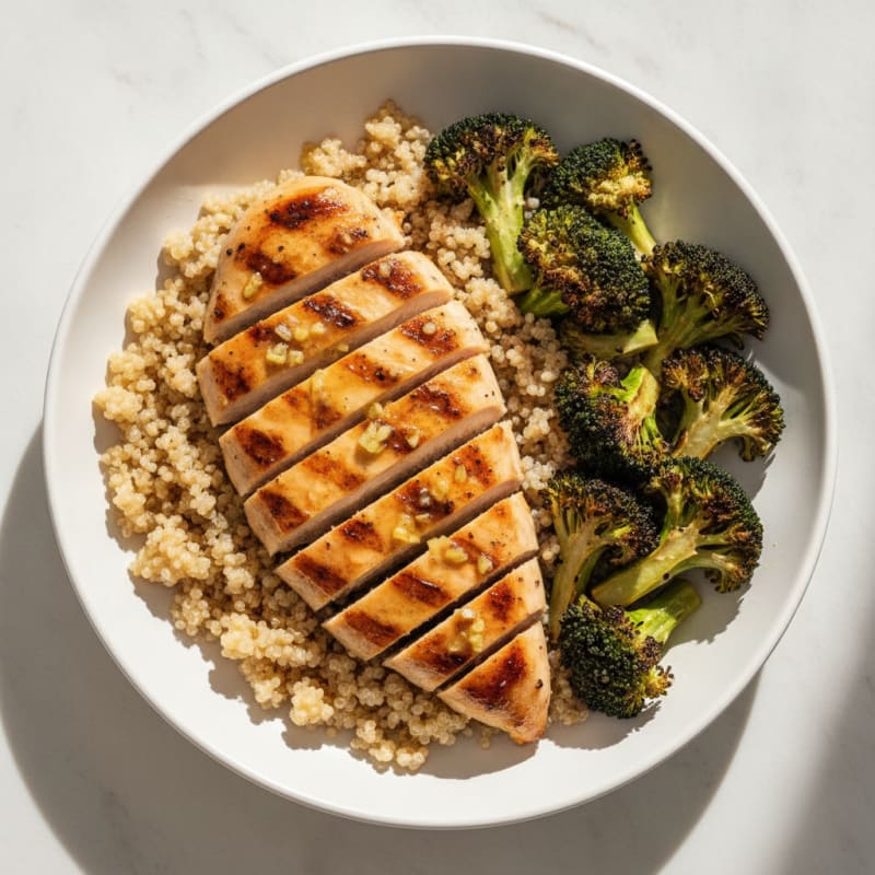 Grilled Citrus-Garlic Chicken Breast with Quinoa and Roasted Broccoli