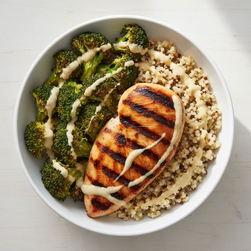 Grilled Chicken and Quinoa Bowl with Roasted Broccoli and Lemon Tahini Drizzle