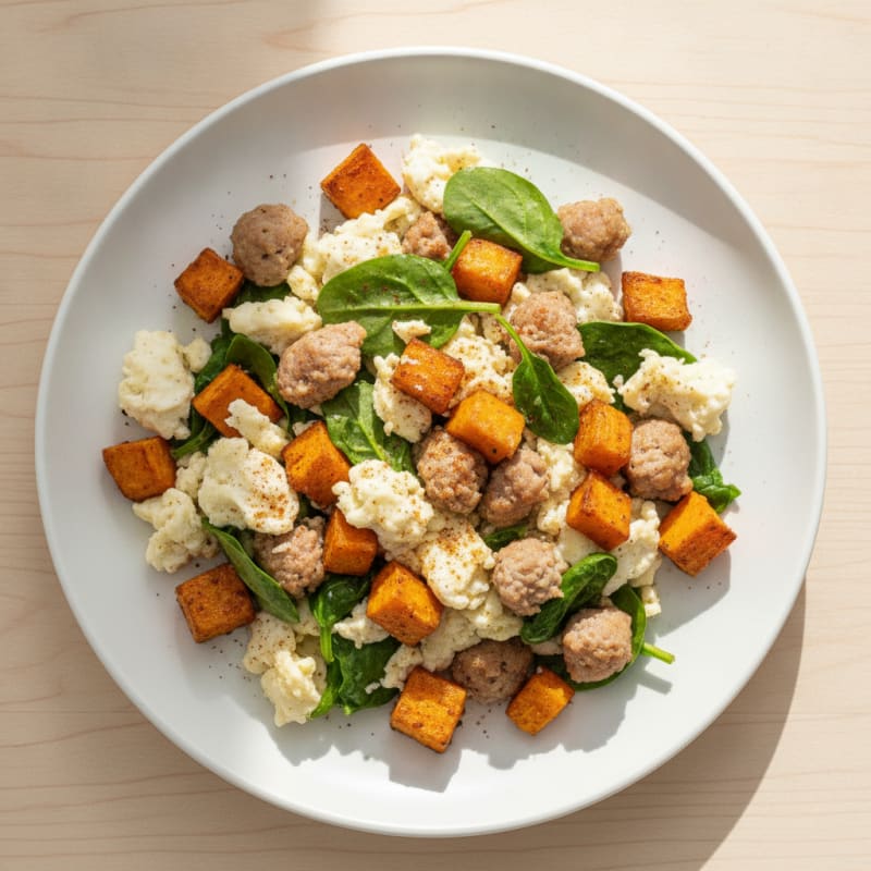 Egg White and Turkey Sausage Scramble with Roasted Sweet Potatoes