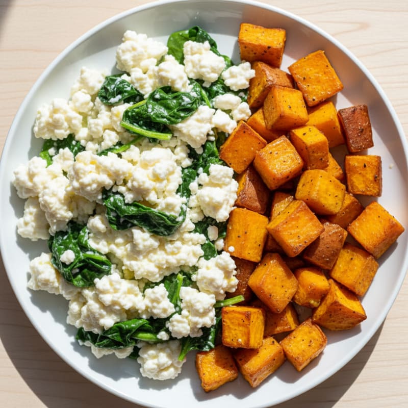 Cottage Cheese and Egg White Scramble with Spinach and Roasted Sweet Potato