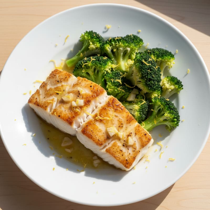 Seared Cod Fillet with Steamed Broccoli and Lemon Zest