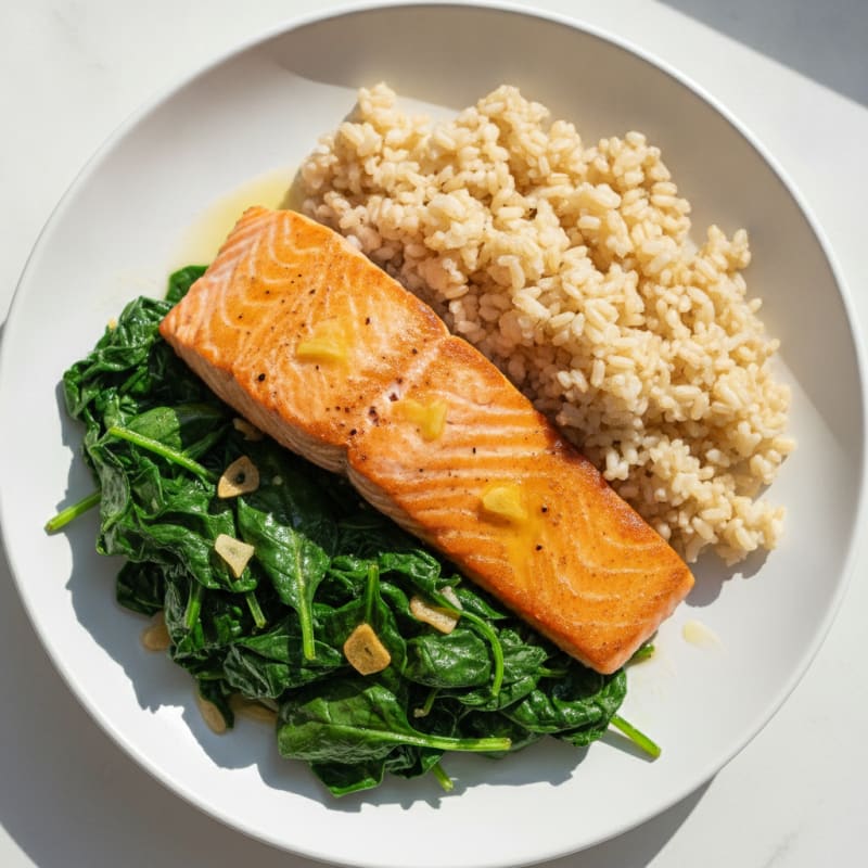 Seared Salmon with Garlic Spinach and Steamed Brown Rice