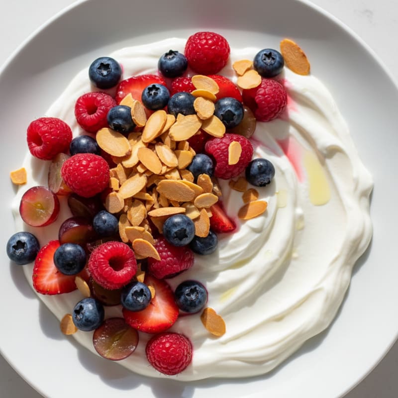 Silky Vanilla Protein Yogurt with Mixed Berries and Almonds