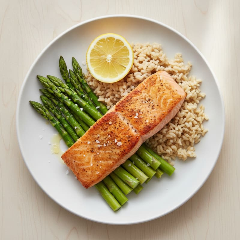 Seared Salmon with Steamed Asparagus and Brown Rice