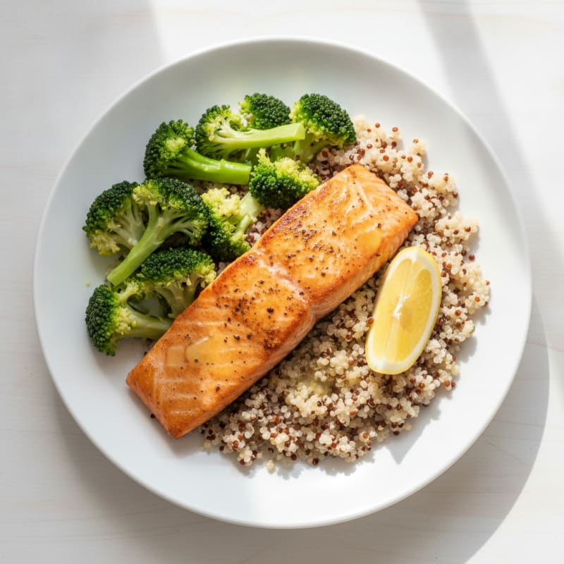 Seared Salmon Fillet with Steamed Broccoli and Quinoa