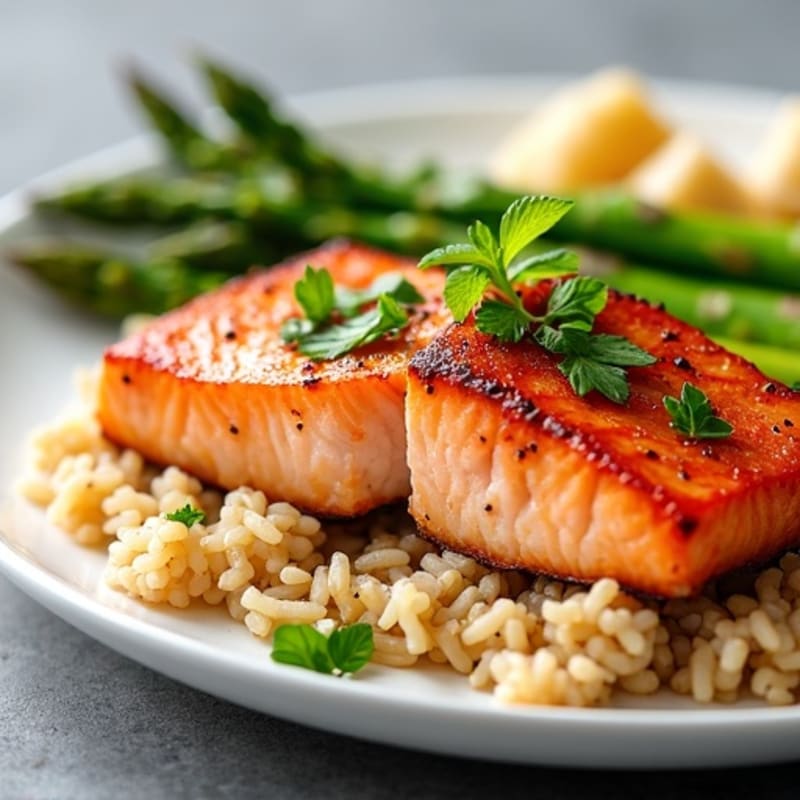 Seared Salmon with Steamed Asparagus and Brown Rice