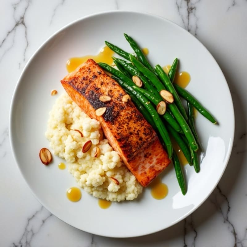 Seared Salmon Fillet with Garlic Green Beans and Cauliflower Mash