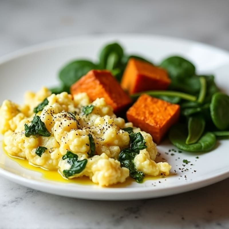 Egg White and Turkey Spinach Scramble with Roasted Sweet Potatoes