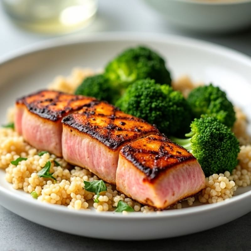 Seared Tuna Steak with Roasted Broccoli and Quinoa