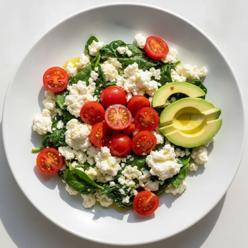 Egg White Spinach Scramble with Cottage Cheese and Fresh Tomatoes
